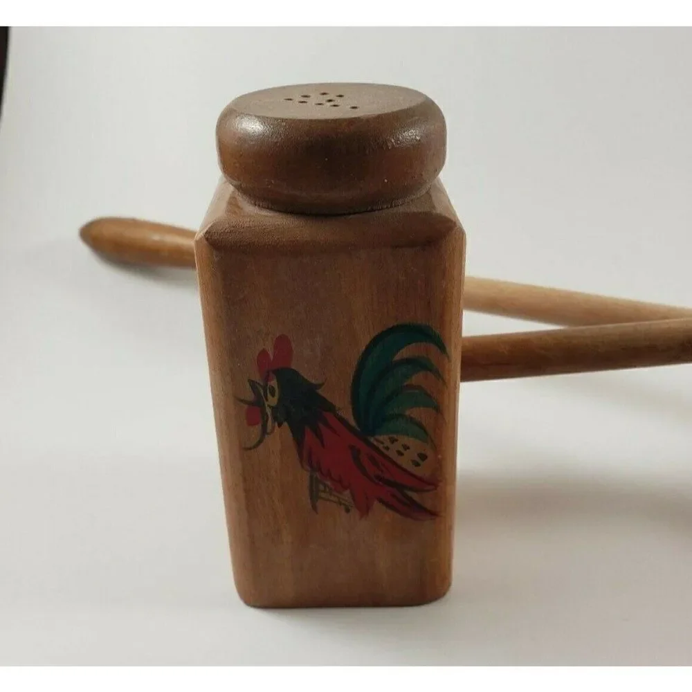Vintage Mid Century Two Sets Wooden Salt & Pepper Shakers Rooster Chicken 1950s